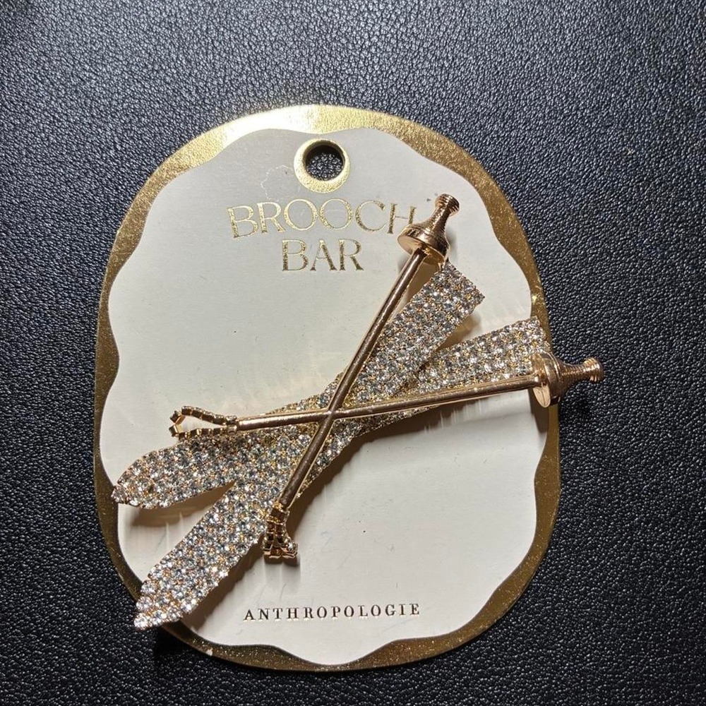 Anthropologie Brooch Bar Gold Crystal Pave Crossed Skis Winter Pin New